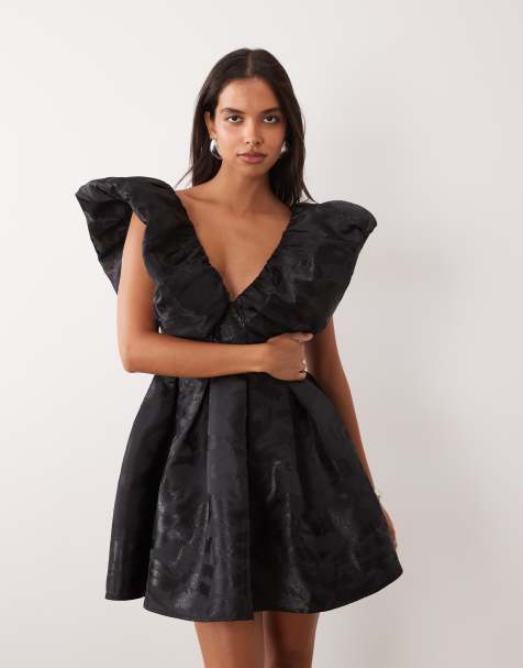 ASOS LUXE vestido corto de jacquard con volantes en negro tonal - view 1