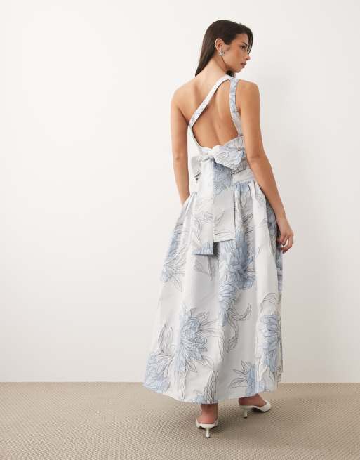 ASOS LUXE - Vestido largo azul asimétrico con estampado floral de jacquard, 3 de 4