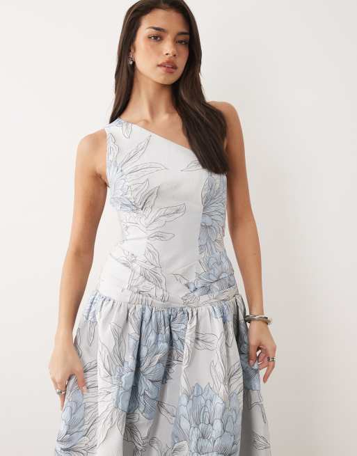 ASOS LUXE - Vestido largo azul asimétrico con estampado floral de jacquard, 4 de 4