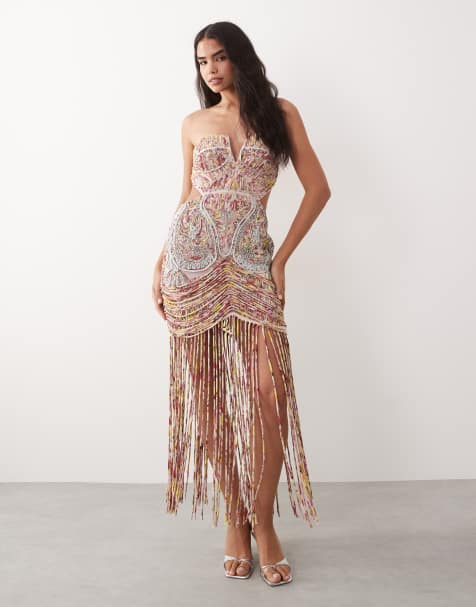 ASOS LUXE - Vestido largo rosa con copas, bordados y flecos premium - view 1