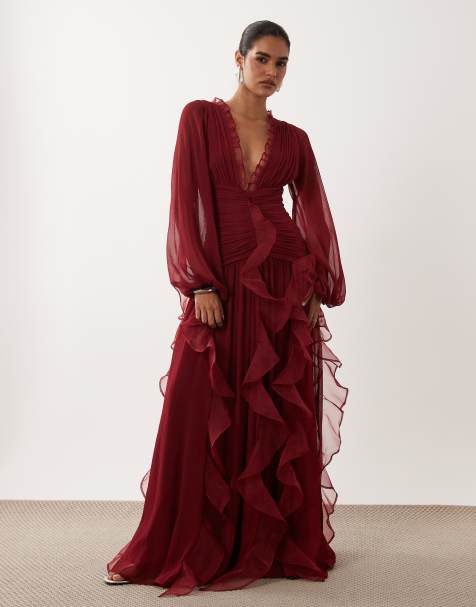 ASOS LUXE - vestido maxi fruncido de manga larga con detalle cascada en burdeos - view 1