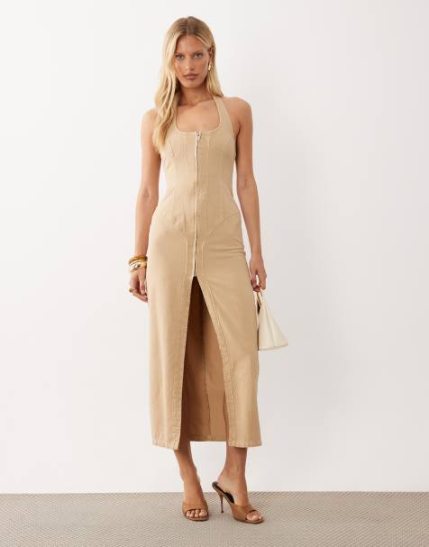 ASOS LUXE - vestido maxi vaquero con cremallera delantera en camel - view 1