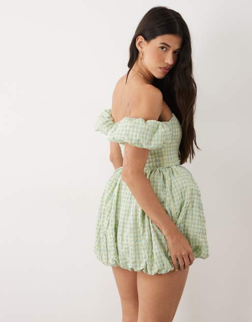 ASOS LUXE - vestido mini abullonado de cuadros vichy azul y amarillo, 2 de 4