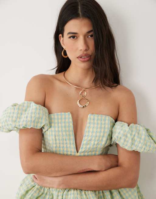 ASOS LUXE - vestido mini abullonado de cuadros vichy azul y amarillo, 4 de 4