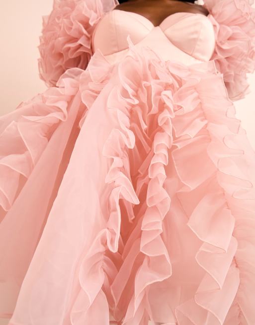 ASOS LUXE - Vestito babydoll corto in organza rosa chiaro con volant, 3 di 4