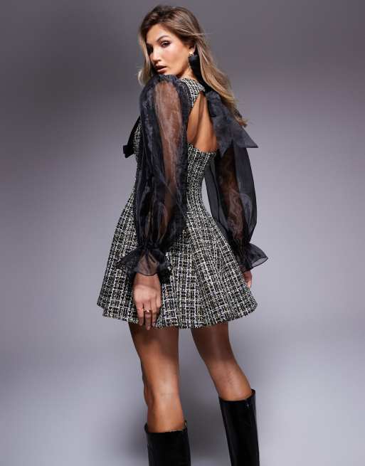ASOS LUXE - Vestito boucle nero glitterato con colletto in organza, 3 di 4