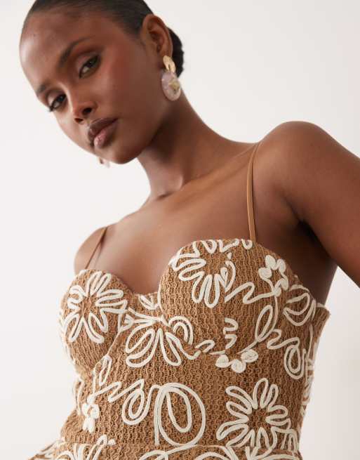 ASOS LUXE - Vestito corto a balze marrone testurizzato con fiori ricamati, 3 di 4