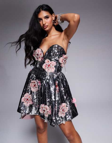 ASOS LUXE - Vestito corto a fascia color argento decorato con paillettes e fiori - view 1