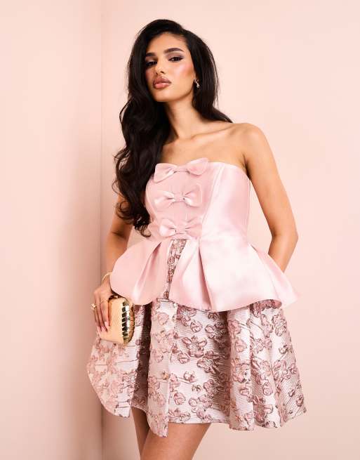 ASOS LUXE - Vestito corto a fascia stile corsetto jacquard a fiori con fiocchi in raso