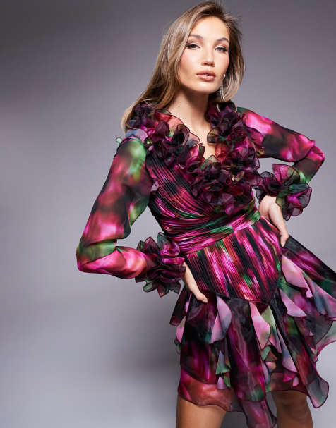 ASOS LUXE - Vestito corto a maniche lunghe in organza a fiori sfocati con volant ampi - view 1