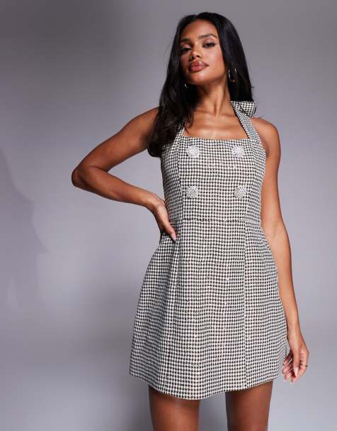 ASOS LUXE - Vestito corto allacciato al collo color cioccolato jacquard con paillettes e bottoni decorati - view 1
