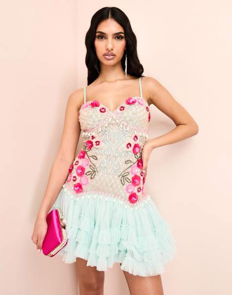 ASOS Luxe - Vestito corto blu decorato con perle e fiori 3D con gonna in tulle - view 1