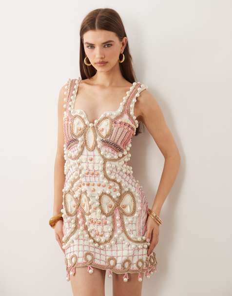 ASOS LUXE - Vestito corto color panna con scollo squadrato e decorazioni - view 1