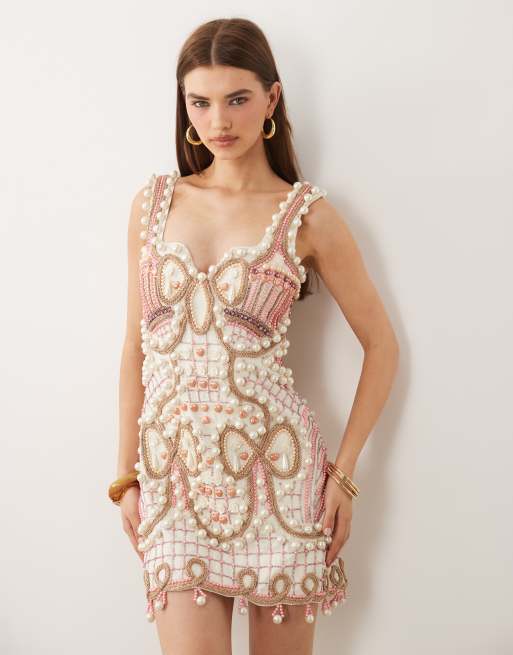ASOS LUXE - Vestito corto color panna con scollo squadrato e decorazioni