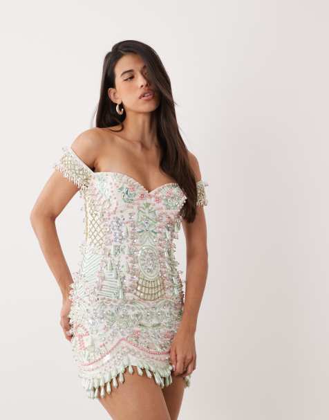 ASOS LUXE - Vestito corto color salvia e cipria decorato con farfalle e cuori - view 1