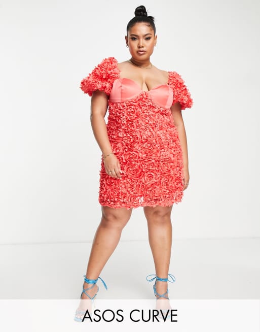 ASOS LUXE - Vestito corto con coppe e maniche a sbuffo rosso a fiori 3D