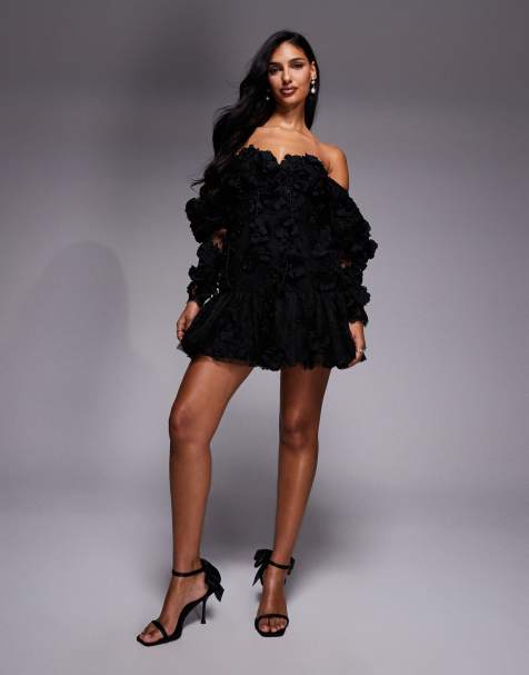 ASOS LUXE - Vestito corto con spalle scoperte e maniche a sbuffo nero con fiori 3D - view 1