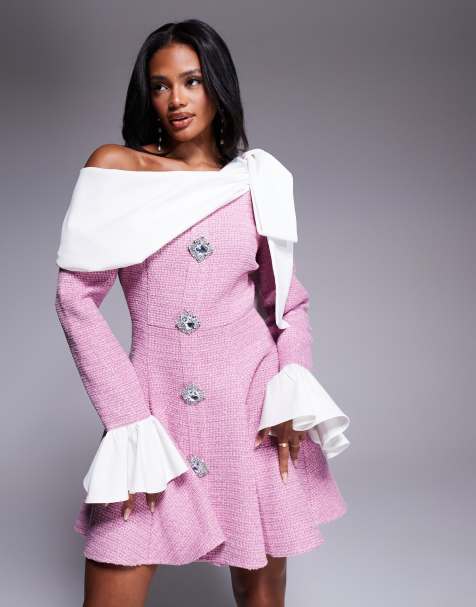 ASOS LUXE - Vestito corto in bouclé e popeline rosa con bottoni decorati - view 1