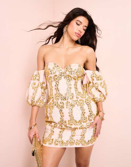 ASOS LUXE - Vestito corto in cotone rosa e oro decorato con gemme a spalle scoperte con maniche a sbuffo