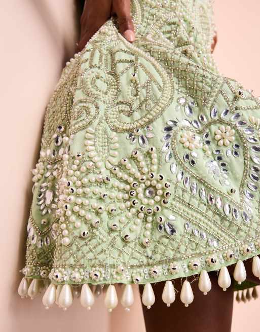 ASOS LUXE - Vestito corto in cotone verde salvia con decorazioni e scollo a cuore, 3 di 4
