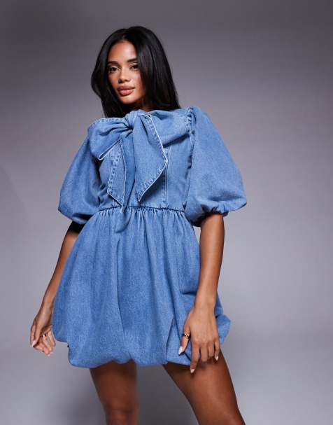 ASOS LUXE - Vestito corto in denim blu lavaggio chiaro con fiocco e fondo a palloncino - view 1