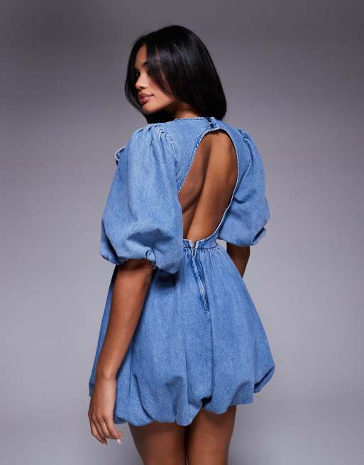 ASOS LUXE - Vestito corto in denim blu lavaggio chiaro con fiocco e fondo a palloncino, 4 di 4