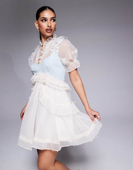 ASOS LUXE - Vestito corto in organza color crema con pannello in denim sul bustino e decorazione con perle
