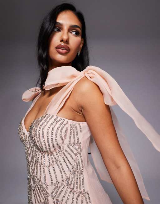 ASOS LUXE - Vestito corto in organza rosa con spalline allacciate, 2 di 4