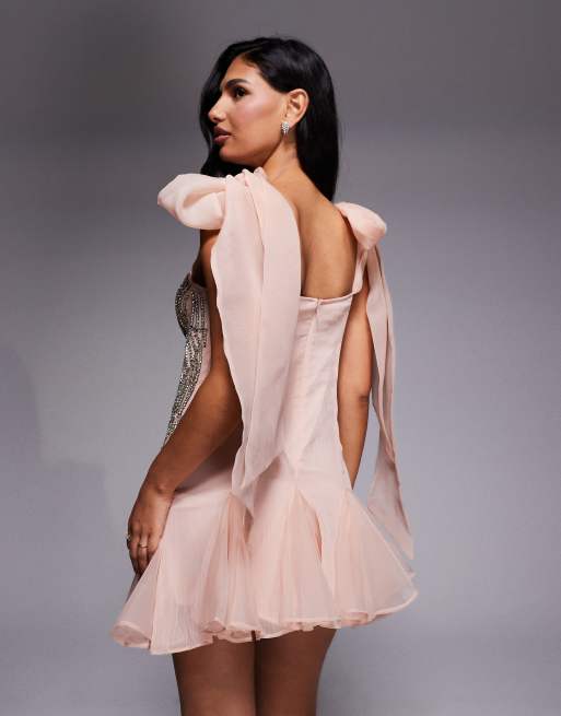 ASOS LUXE - Vestito corto in organza rosa con spalline allacciate, 4 di 4