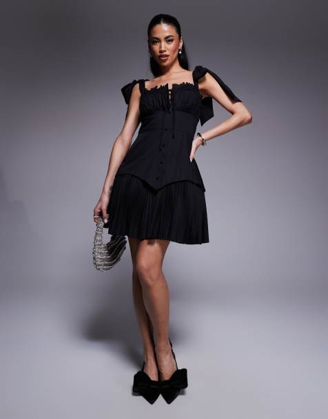ASOS LUXE - Vestito corto in popeline di cotone nero con bustino arricciato e gonna a pieghe - view 1