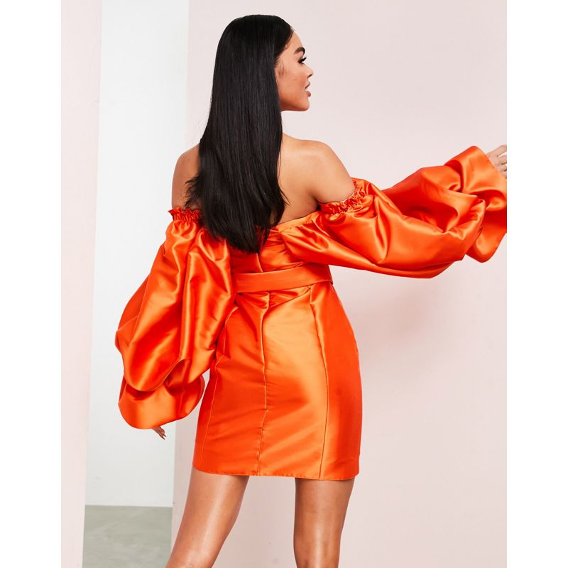 PirBF Vestiti Luxe - Vestito corto in raso arancione acceso con cintura e maniche voluminose