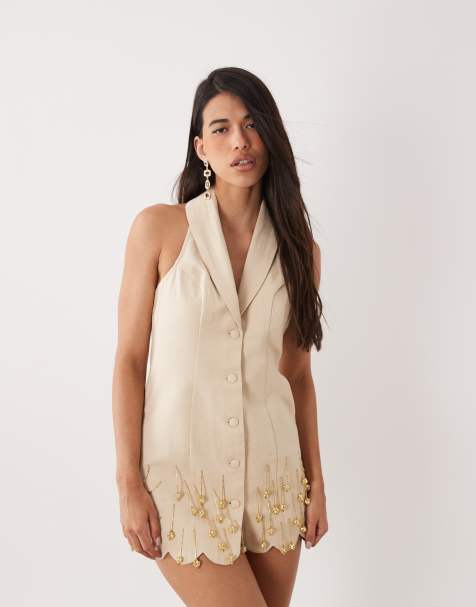 ASOS LUXE - Vestito corto in tessuto effetto lino neutro con decorazioni - view 1