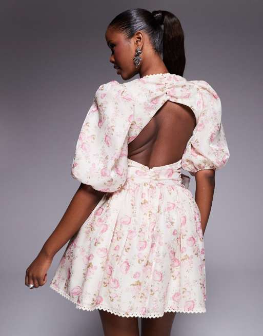 ASOS LUXE - Vestito corto jacquard con stampa a fiori, fiocco e maniche a sbuffo, 3 di 4
