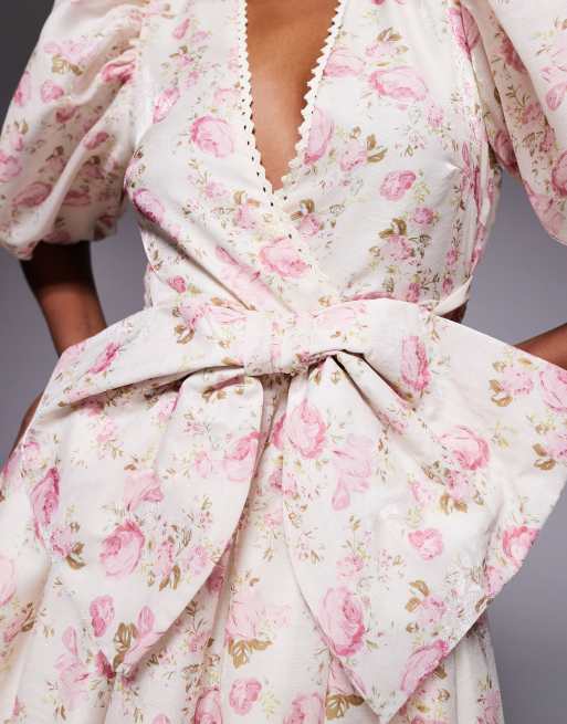 ASOS LUXE - Vestito corto jacquard con stampa a fiori, fiocco e maniche a sbuffo, 4 di 4