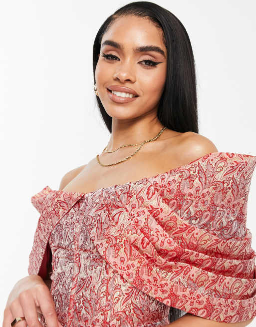 ASOS LUXE - Vestito corto jacquard con stampa cachemire e scollo alla Bardot a pieghe, 2 di 4