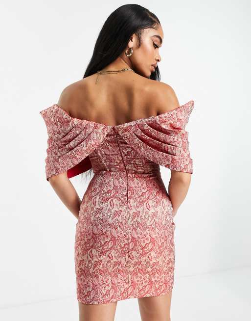 ASOS LUXE - Vestito corto jacquard con stampa cachemire e scollo alla Bardot a pieghe, 4 di 4