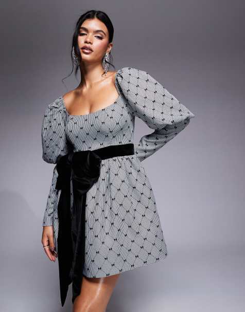 ASOS LUXE - Vestito corto nero e bianco con maniche a sbuffo, fiocco in velluto e motivo floccato con fiocchi - view 1