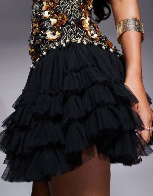 ASOS LUXE - Vestito corto nero e oro con gonna in tulle decorato con fiori 3D, 3 di 4
