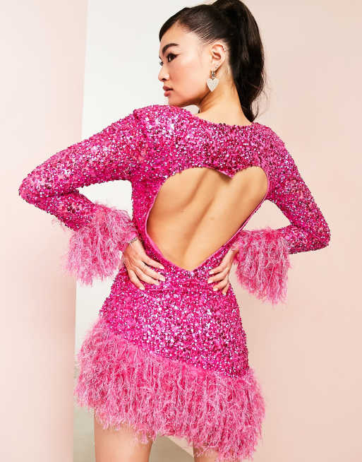 ASOS Luxe - Vestito corto rosa decorato con paillettes con apertura a cuore  sul retro e finiture con piume sintetiche