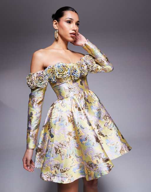 ASOS LUXE Vestito corto stile skater in jacquard a fiori color