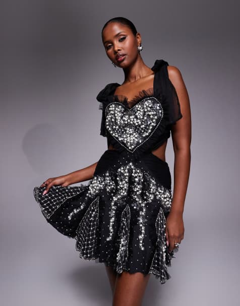 ASOS Luxe - Vestito corto stile skater nero con cuore sul busto e decorazione con perle - view 1