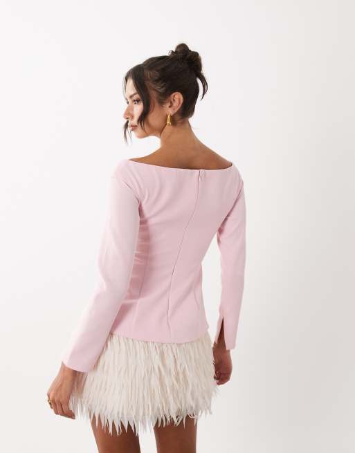 ASOS LUXE - Vestito corto strutturato a maniche lunghe rosa con gonna con frange, 4 di 4