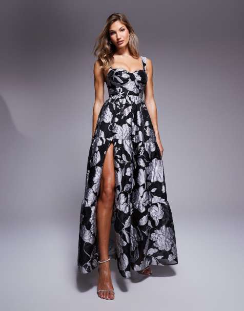 ASOS LUXE - Vestito lungo a corsetto con spalline sottili a fiori monocromatici jacquard - view 1