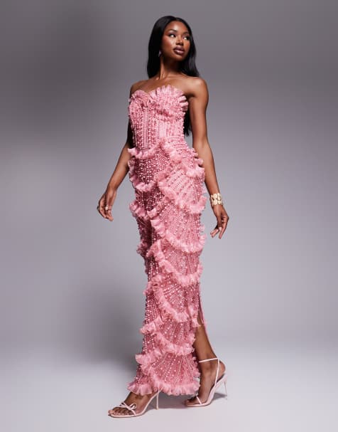ASOS LUXE - Vestito lungo a fascia rosa decorato con gemme e con fondo smerlato - view 1
