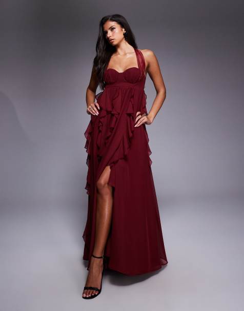 ASOS LUXE - Vestito lungo allacciato al collo color mora con volant a cascata - view 1