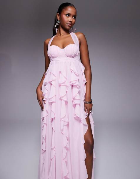 ASOS LUXE - Vestito lungo allacciato al collo lilla con volant a cascata - view 1