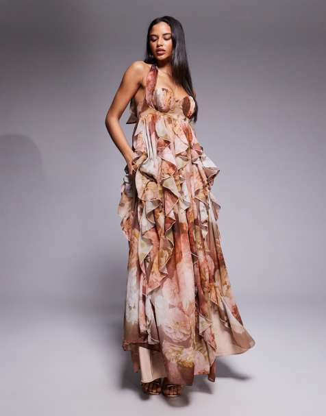 ASOS LUXE - Vestito lungo allacciato al collo marrone a fiori con volant a cascata - view 1
