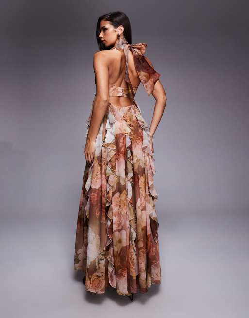ASOS LUXE - Vestito lungo allacciato al collo marrone a fiori con volant a cascata, 4 di 4