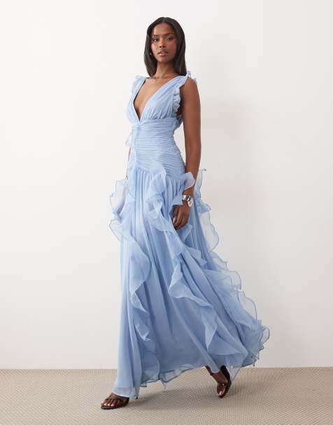 ASOS LUXE - Vestito lungo arricciato blu crepuscolare con dettaglio a cascata - view 1