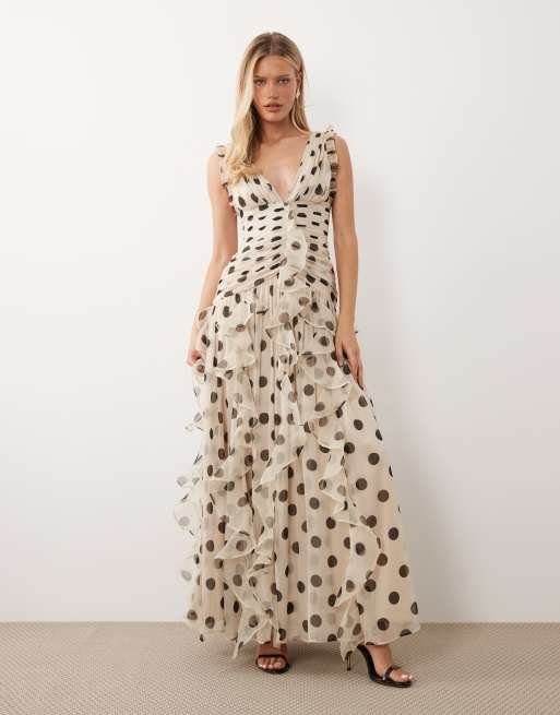 ASOS LUXE - Vestito lungo arricciato marrone a pois con dettaglio a cascata